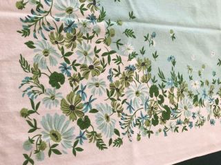 Vintage Tablecloth,  Floral Design,  Blue Green Colors On White