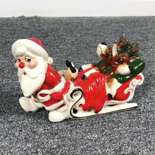 Vintage Kreiss Santa Claus Pulling Reindeer In Sleigh Figurine Christmas Humor