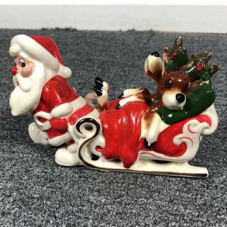 Vintage Kreiss Santa Claus Pulling Reindeer in Sleigh Figurine Christmas Humor 2