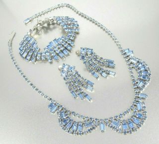 Vtg.  London Blue Rhinestone Bib Necklace Bracelet Earring Set
