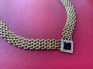 Vtg Flat Panther Link Chain Rhinestone Black Enamel Necklace V Diamond Shape
