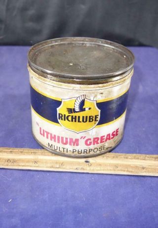 Vintage Richlube Lithium Grease Lithographed Tin Richfield Oil Corp Of York