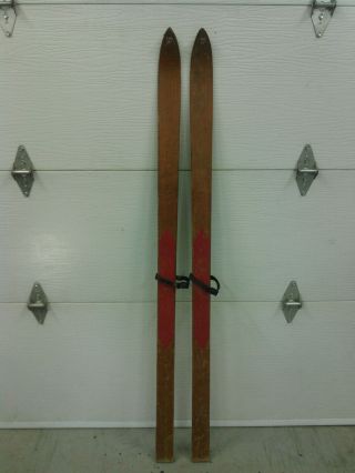 Vintage Lund Wooden Skis 65 " Long With Leather Strap Binding