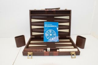 Vintage Backgammon Set Game W/ Faux Leather Case Travel Size 10x13 Complete