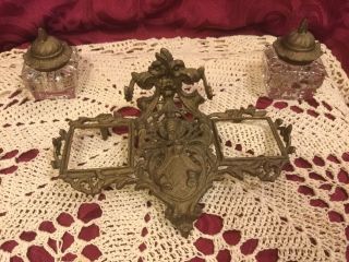 Vintage Victorian Style Brass Ink Well 2 Glass Wells 2