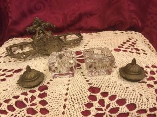 Vintage Victorian Style Brass Ink Well 2 Glass Wells 3