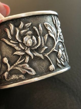 Antique Sterling Silver Raised Chrysanthemum Flower Napkin Ring Chinese Japanese