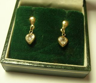 Small Vintage 9ct Yellow Gold Clear Crystal Heart Drop Dangle Earrings - Vgc