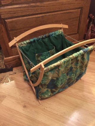 Vtg Wood Folding Frame Floral Fabric Knitting Crochet Tote Stand Bag Handle