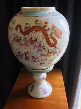 19th Century Famille Vert Chinese Eggshell Porcelain ‘dragon Dance’ Candle Lamp