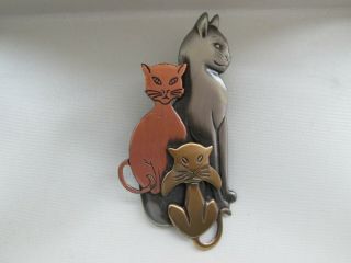 Vintage Signed K&T Jewellery Silver Brass Copper Feline Cats Animal Brooch Pin 2