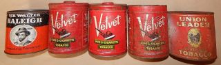 5 Tobacco Tin Metal Cans Sir Raleigh Union Leader Velvet Lids Cigarette Pipe Ads