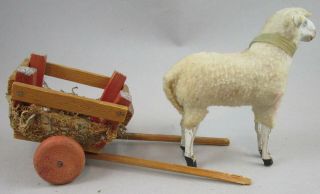 Antique German Putz Large Sheep Pulling A Cart