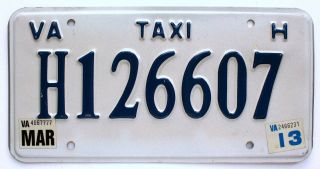 Virginia 2013 Taxi For Hire License Plate,  H126607,  Quality