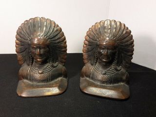 Antique Bronze Wash Cast Iron Figural Native American Indian Chief Bookends