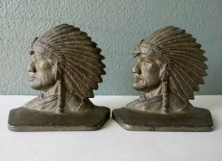Acw Co.  Antique Cast Iron Bookends - Native American Indian Chief In Profile