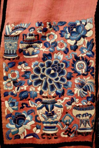 Chinese Orange Silk Embroidery Forbidden Stitch Peony Basket Flower Lady Skirt 3