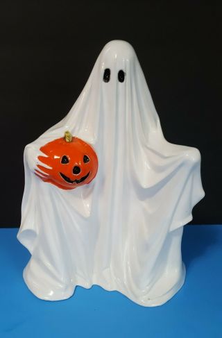 Vintage Ceramic Ghost Holding Pumpkin Halloween Byron Mold 1972 Spirit Spooky