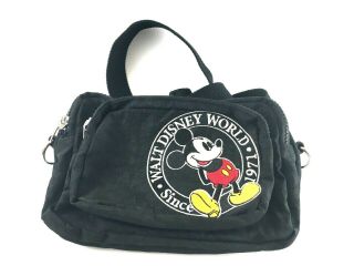 Vtg 90s Walt Disney World Black Embroidered Zip Pocket Fanny Pack Shoulder Bag