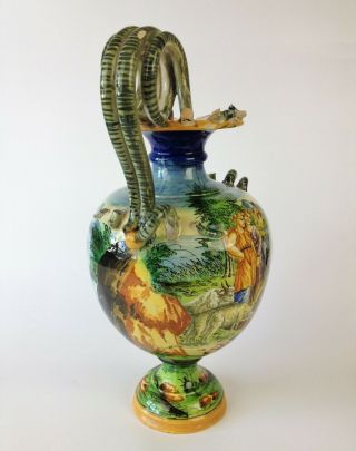 Antique Italian Maiolica Serpent Handled Vase - Cantagalli Urbino Biblical Signed 2