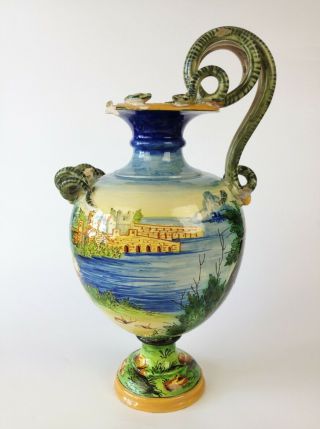 Antique Italian Maiolica Serpent Handled Vase - Cantagalli Urbino Biblical Signed 3