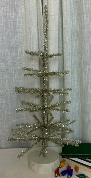 Small Vintage 2 Foot Silver Aluminum Foil Christmas Tree On Base