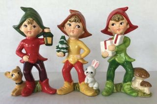Vintage Ceramic Christmas Elves Figurines Homco Set Of 3 Santa’s Helpers
