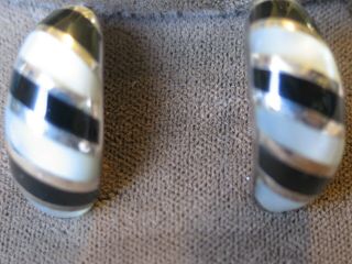 Vtg Sterling Silver Onyx Mop Inlaid Signed Gorgeous Earrngs 8.  5g