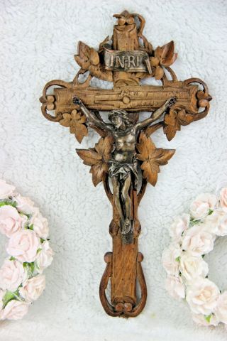 Antique German Black Forest Wood Carved Crucifix Bronze Christ Religious