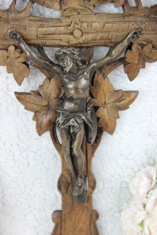 Antique German Black Forest wood carved Crucifix bronze christ religious 2