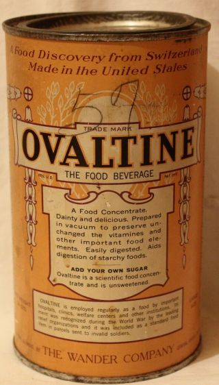 Vintage 1936 Ovaltine Hot Or Cold Tin Wander Company 14 Oz Embossed Lid.