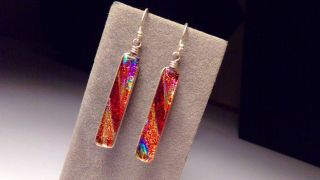 Vtg Sterling Silver Dicroic Art Glass Orange Red Adventurine Pierce Earrings Wow