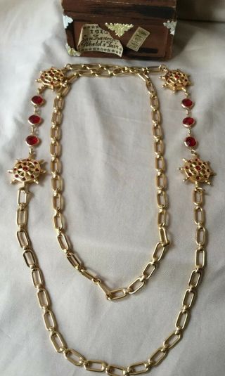 Vintage Red Swarovski Crystal Bezel Set Open Back Necklace Goldtone Nautical