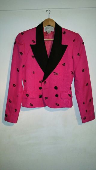 Pink Caroline Charles Vintage Long Sleeve Jacket Black Buttons Lapel & Floral