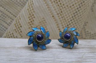 Vintage Cobalt Turquoise Blue Enamel Cloisonne Stud Flower Earrings