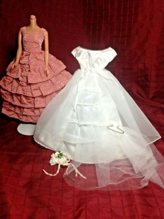 Vintage Mattel Wedding Gown Veil And Bouquet And Pink And Gold Bridesmaid Dress
