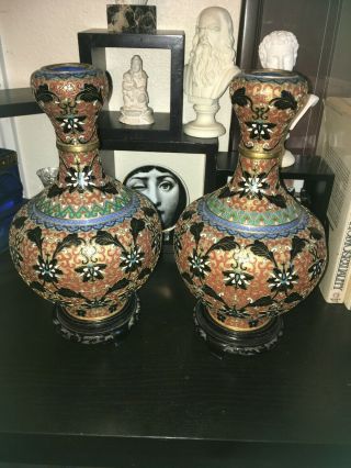 Exquisite Set Of 2 Tall Chinese Cloisonne Enamel Vases 12” Tall