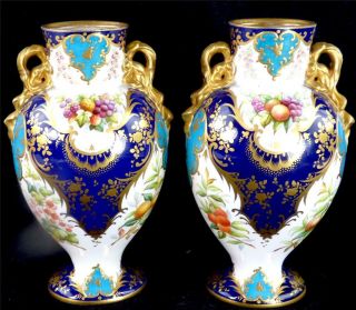 N824 Pair Antique Copeland Porcelain Vases Fruit Blue Turquoise Gold
