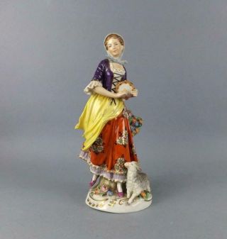Antique German Porcelain Figurine Of A Young Lady With Tambourine By Sitzendorf