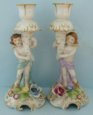 Antique German Von Schierholz Porcelain Cherub Flower Candlesticks Holder Pair