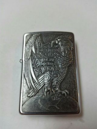 Zippo Lighter Harley Davidson Eagle & Globe Chrome With Pewter Good Cond.
