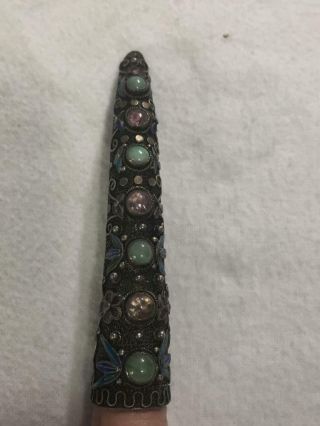 Antique Chinese Nail Guard Jade/rose Quartz ? Enamel Silver Brooch Pin - Guard 3