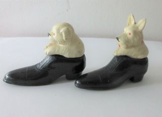 Vintage Japan Dog In Shoe Hard Plastic Scottie And Bulldog Set Two 2.  75 " Long