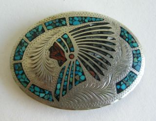 Vtg Nickel Silver Turquoise Inlay Indian Chief Western Handcrafted Belt Buckle