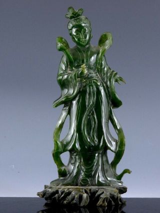 Old Chinese Carved Spinach Jade Guanyin Immortal Figure Statue On Stand N/r