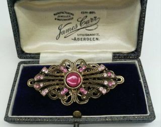 Vintage Art Deco Bohemian Czech Glass Pink Crystal And Gold Tone Filigree Brooch