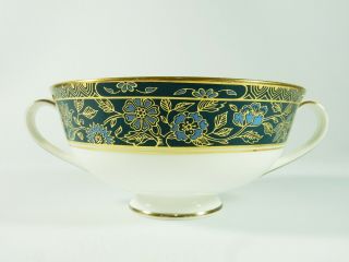 Vintage Royal Doulton Carlyle Soup Bowl Cup Twin Handle Blue Teal Gold H5018