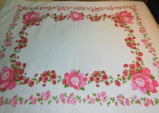 Vintage California Hand Prints Tablecloth Pink Red Chrysanthemums