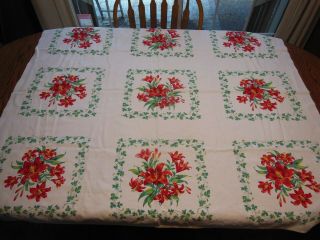 Vintage Wilendur Tablecloth Red Lilies Green Vines Leaves Yellow Flower Buds