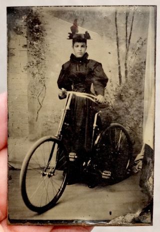 Antique Vintage Victorian Fashion Woman With Bicycle Tintype Photograph